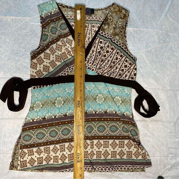 MCM Babydoll Sleeveless V-Neck Belted Tank Top Side Slits Y2K Size L Brown Teal - Picture 7 of 9